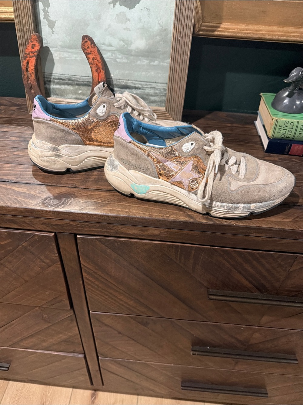 Golden Goose Beige Suede Sneakers with Pink & Blue Accents